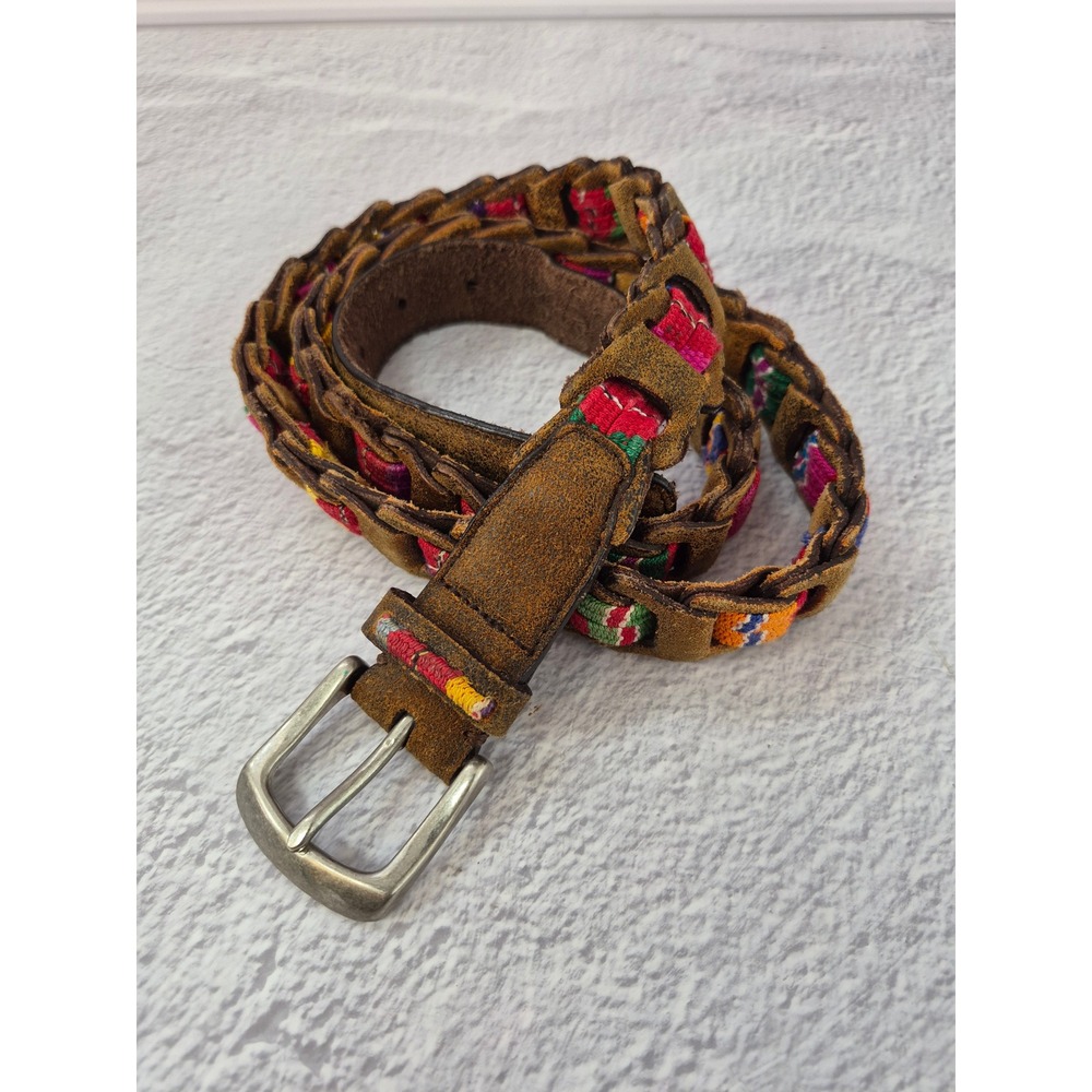 Woven Braided Suede Brown Belt Multicolor Textile Boho Southwestern Needlepoint